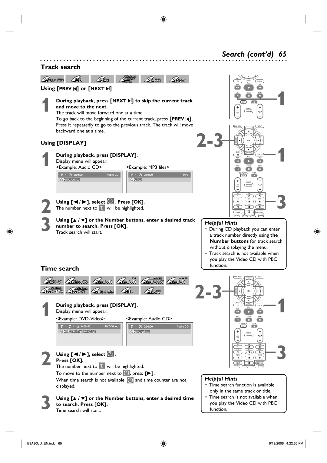 Philips DVDR3435V/37 user manual Search cont’d, Track search, Time search 