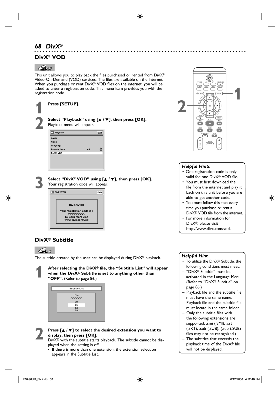 Philips DVDR3435V/37 user manual DivX VOD, DivX Subtitle 