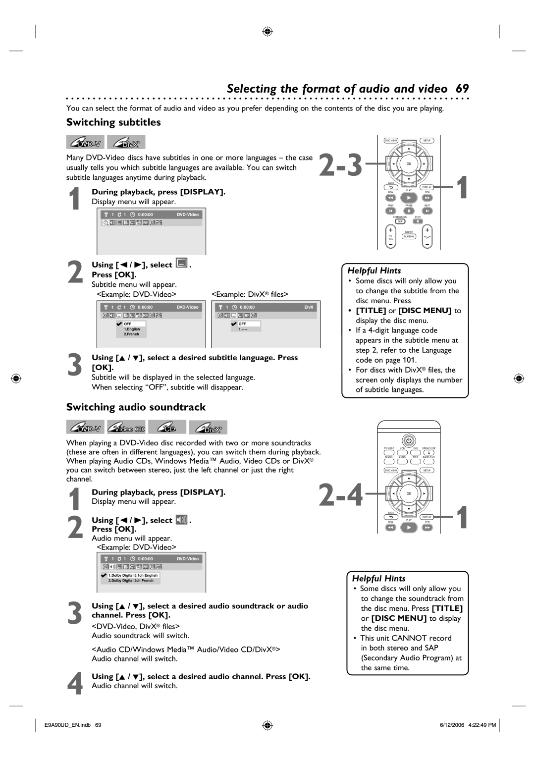 Philips DVDR3435V/37 user manual Selecting the format of audio and video, Switching subtitles, Switching audio soundtrack 