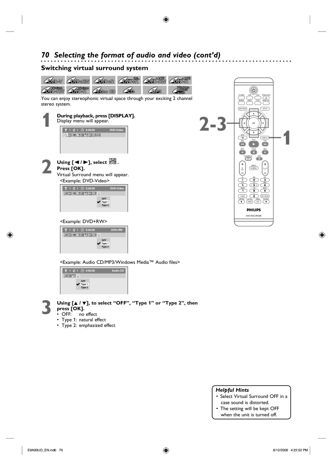 Philips DVDR3435V/37 user manual Selecting the format of audio and video cont’d, Switching virtual surround system 