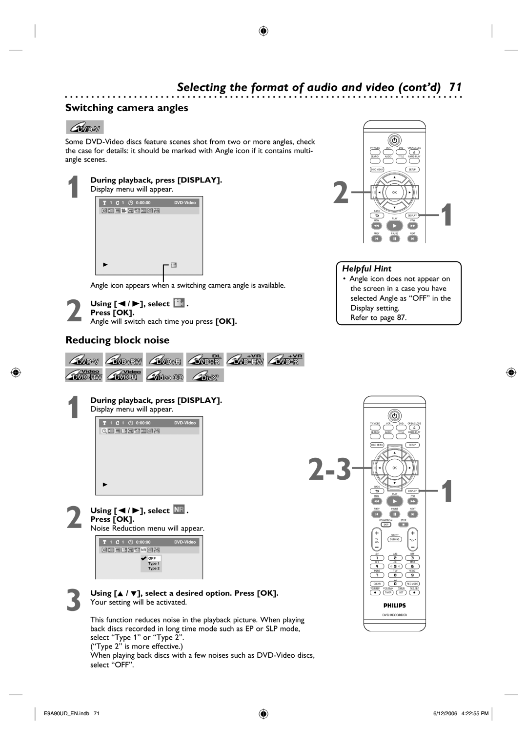 Philips DVDR3435V/37 Switching camera angles, During playback, press DISPLAY. Display menu will appear, Menu will appear 