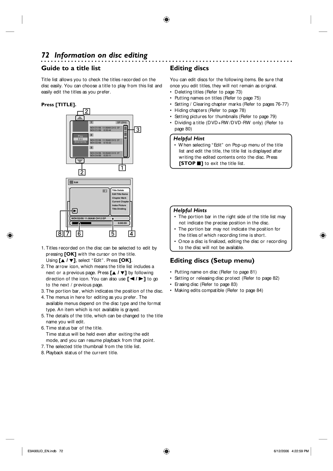 Philips DVDR3435V/37 user manual Information on disc editing, Guide to a title list, Editing discs Setup menu 