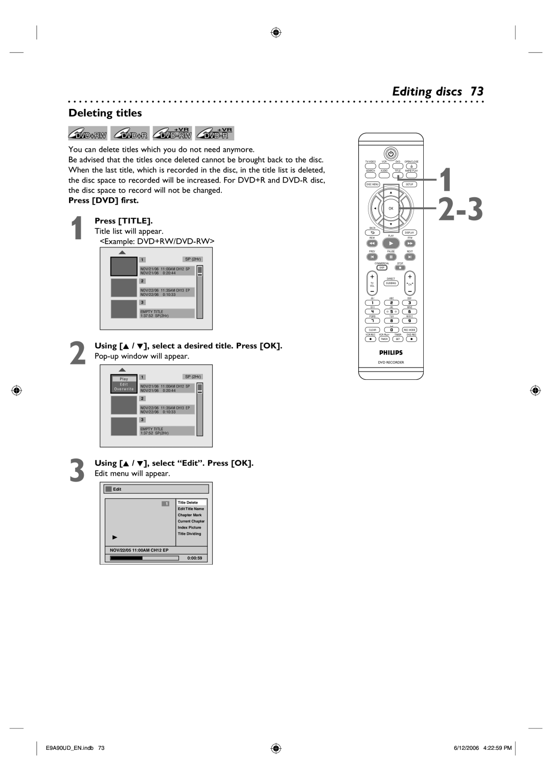 Philips DVDR3435V/37 user manual Editing discs, Deleting titles, Press DVD first Press Title, Title list will appear 