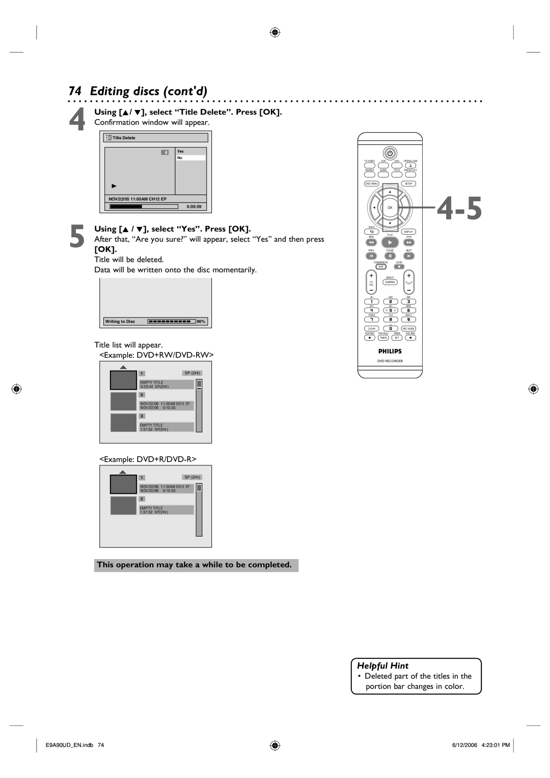 Philips DVDR3435V/37 user manual Editing discs contd, Using K/ L, select Title Delete. Press OK 