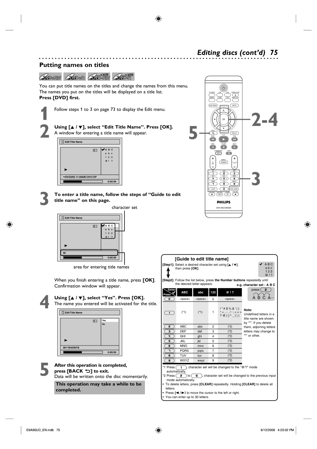 Philips DVDR3435V/37 user manual Editing discs cont’d, Putting names on titles, Character set 