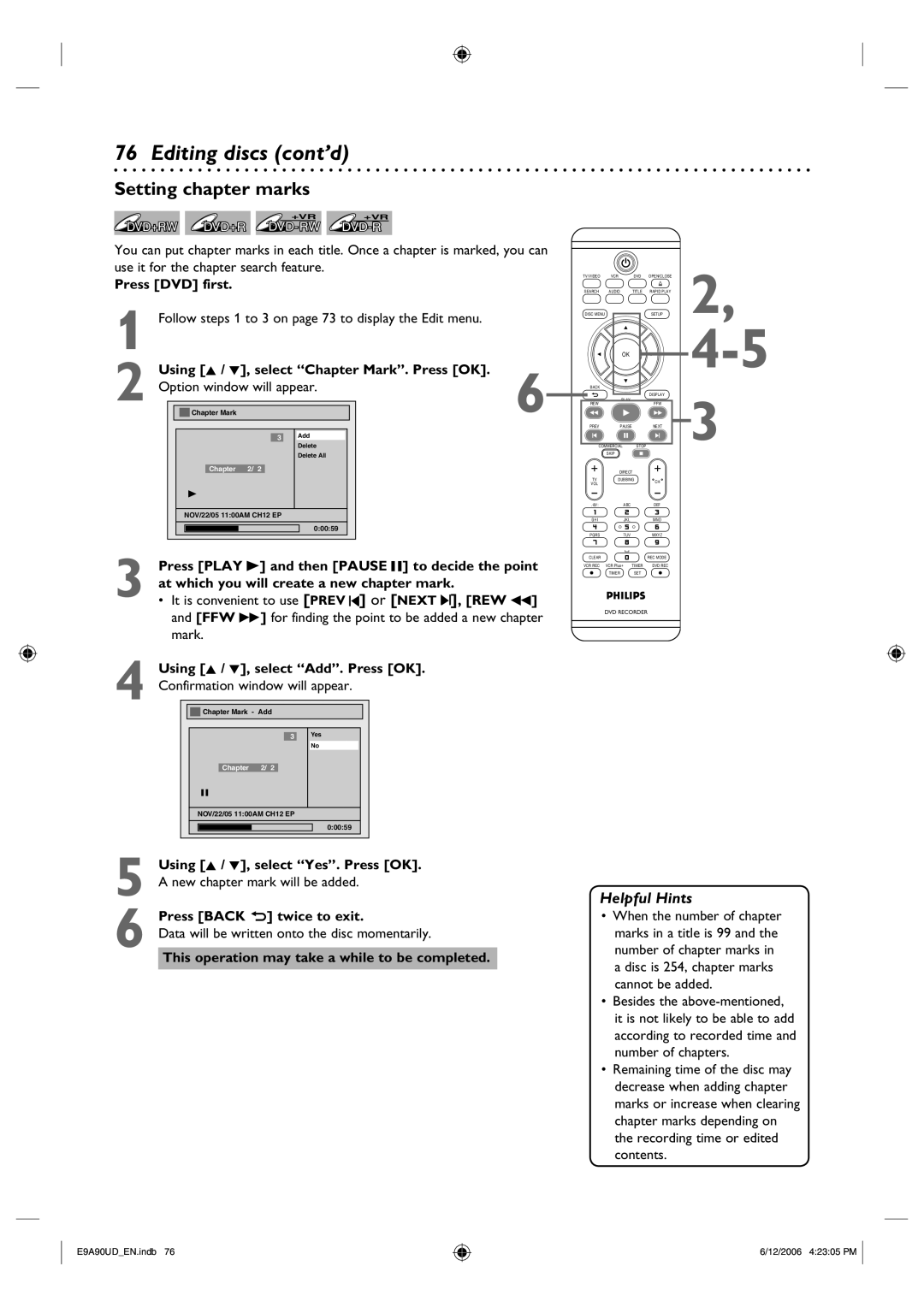 Philips DVDR3435V/37 user manual Setting chapter marks, Press Play B and then Pause F to decide the point 