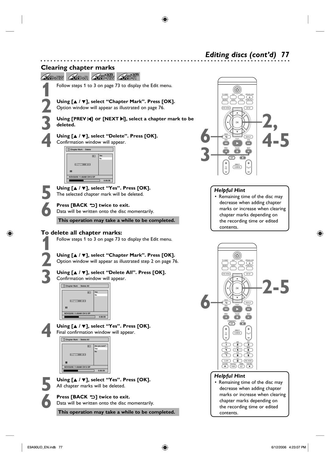 Philips DVDR3435V/37 user manual Clearing chapter marks 