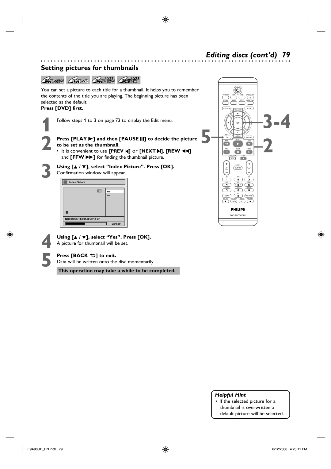 Philips DVDR3435V/37 user manual Setting pictures for thumbnails 