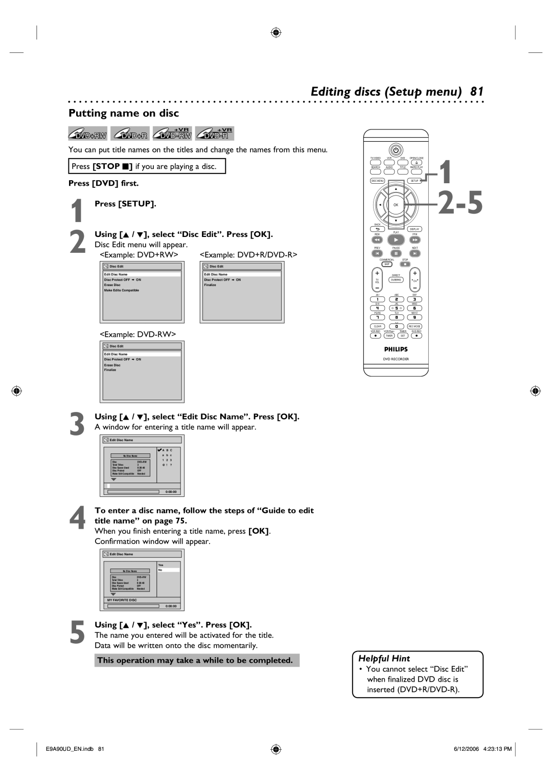 Philips DVDR3435V/37 user manual Editing discs Setup menu, Putting name on disc, Example DVD-RW 