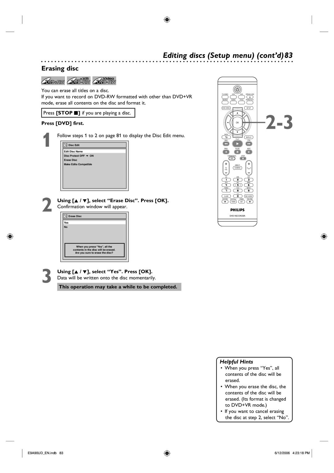 Philips DVDR3435V/37 user manual Editing discs Setup menu cont’d83, Erasing disc 