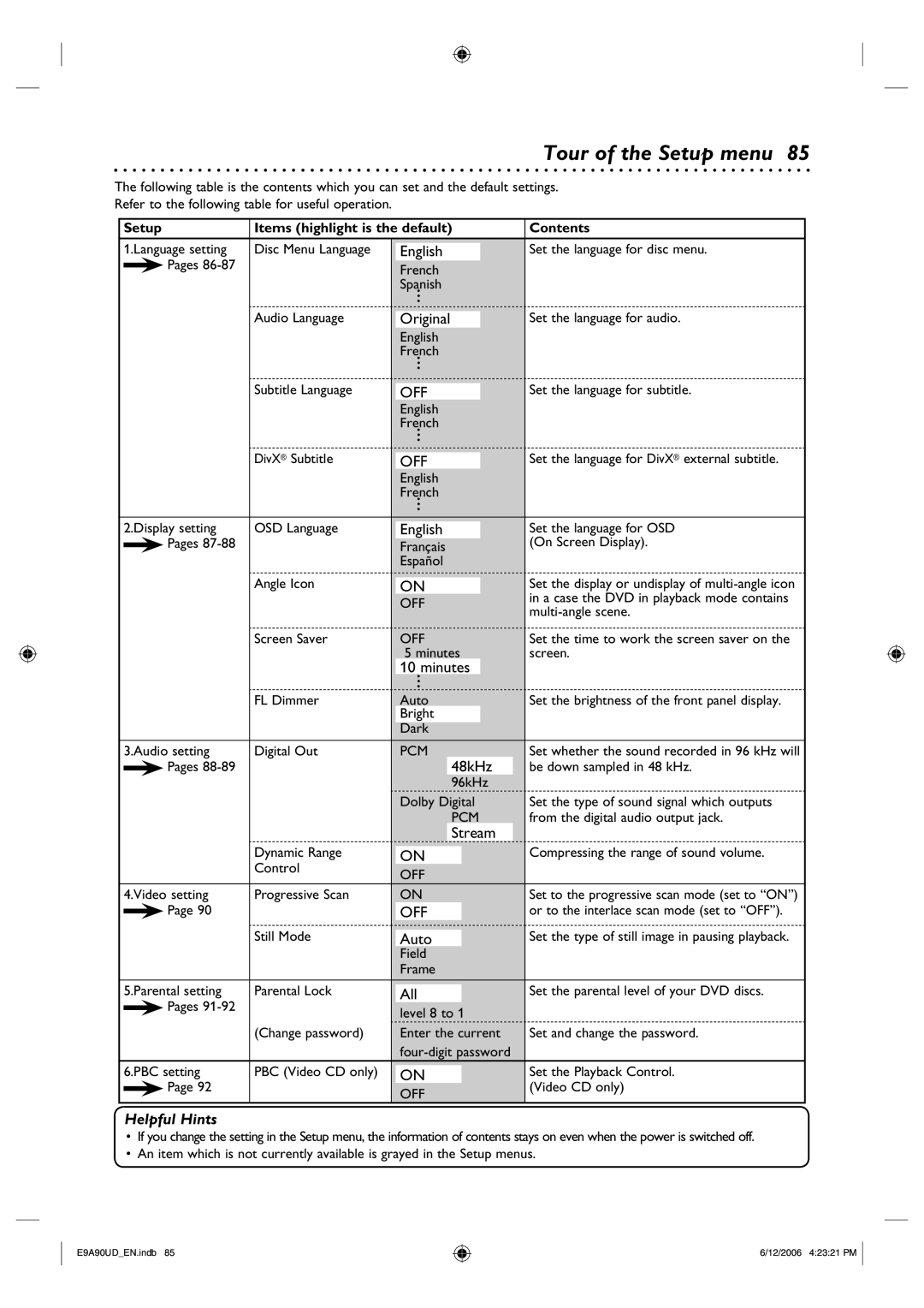 Philips DVDR3435V/37 user manual Tour of the Setup menu, Setup Items highlight is the default Contents 