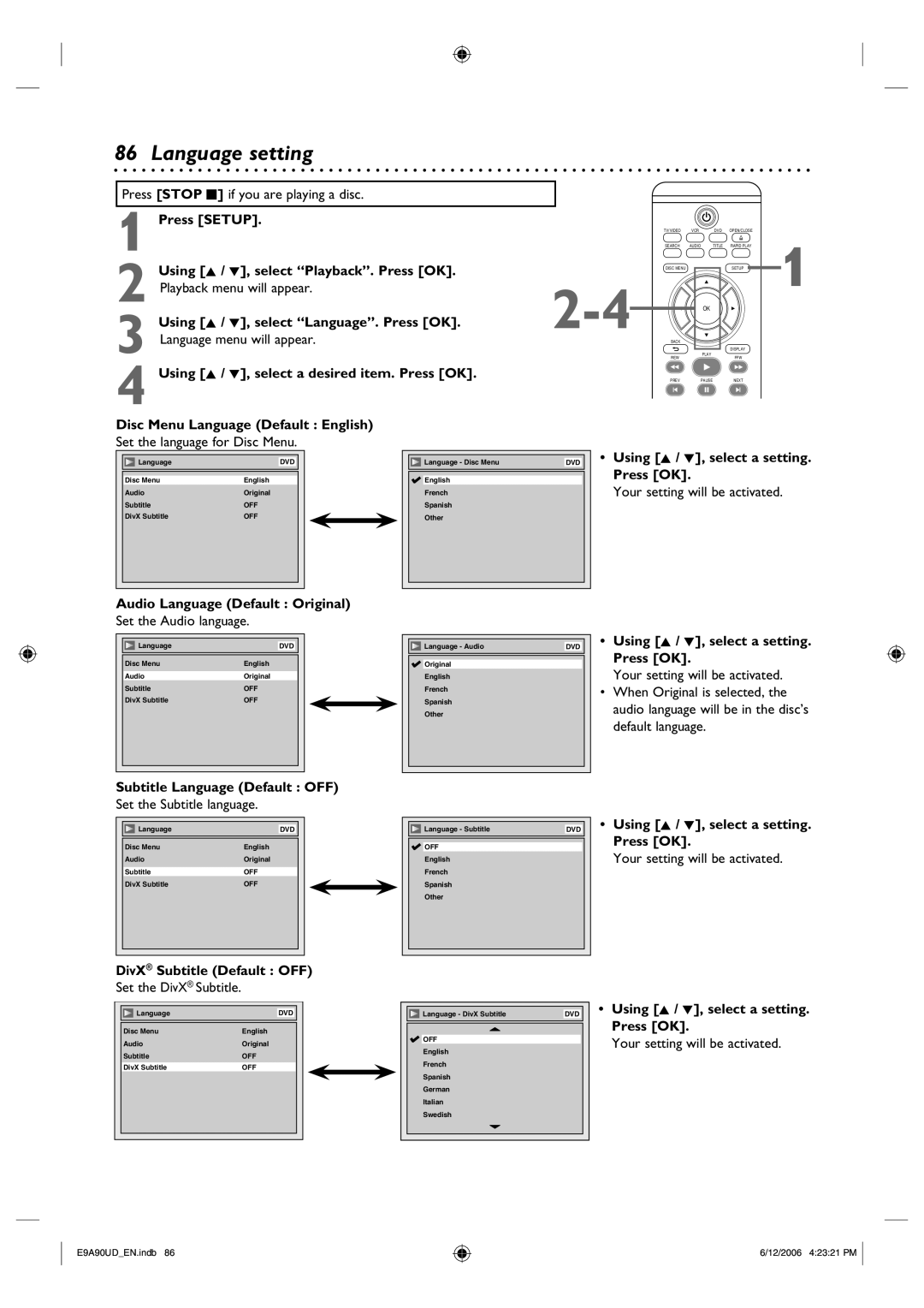 Philips DVDR3435V/37 user manual Language setting 