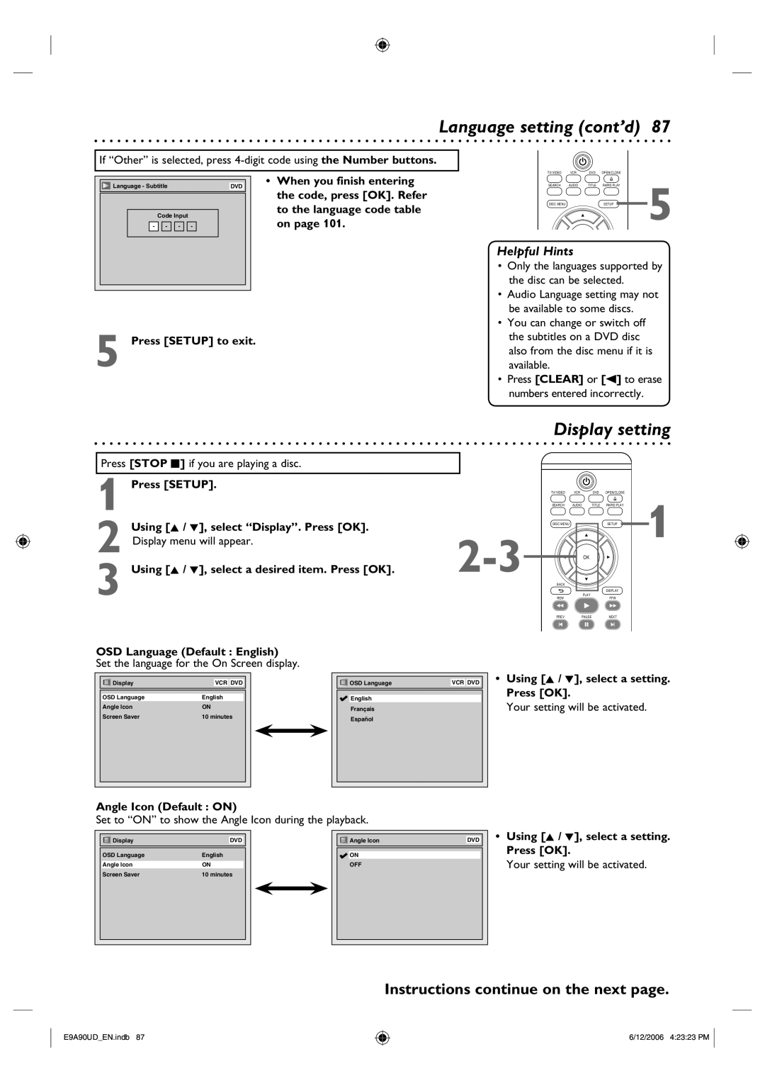 Philips DVDR3435V/37 user manual Language setting cont’d, Display setting 