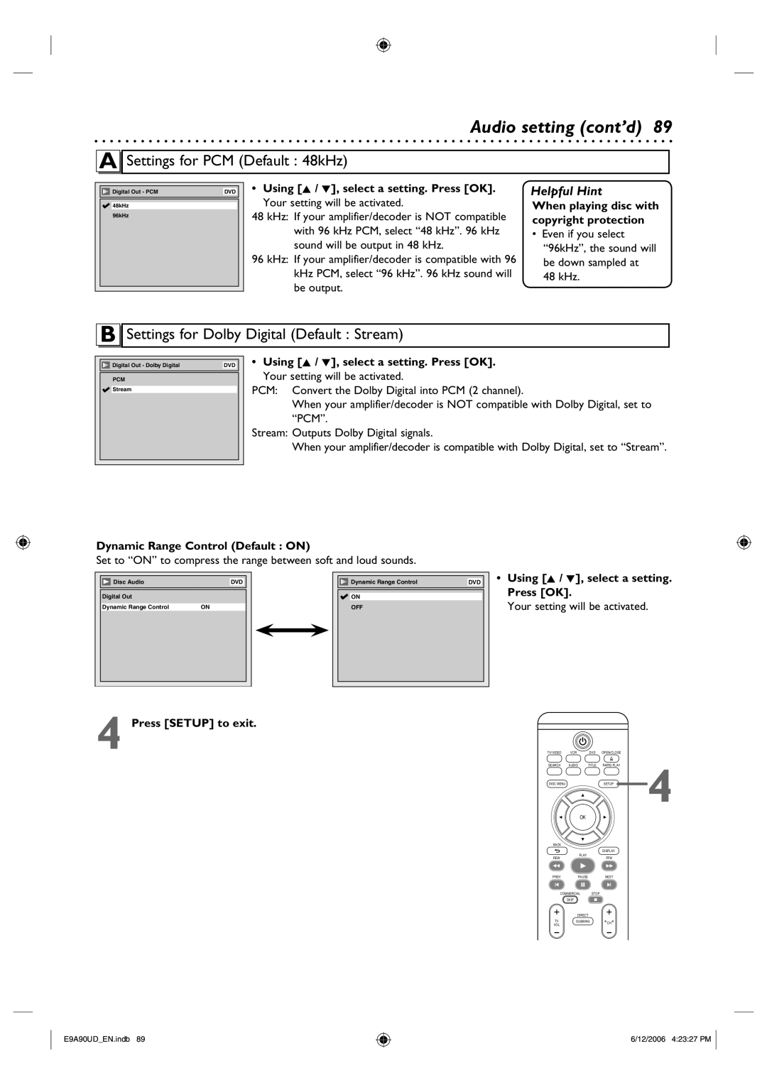 Philips DVDR3435V/37 Audio setting cont’d, When playing disc with copyright protection, Dynamic Range Control Default on 