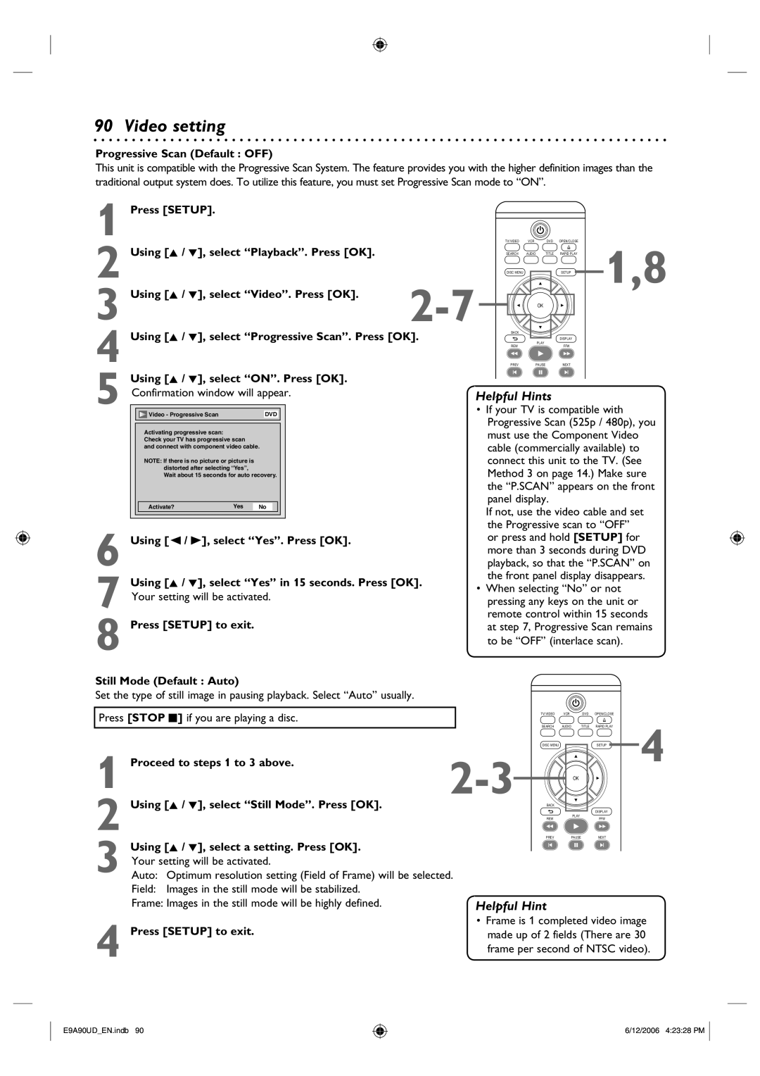 Philips DVDR3435V/37 user manual Video setting, Progressive Scan Default OFF, Proceed to steps 1 to 3 above 