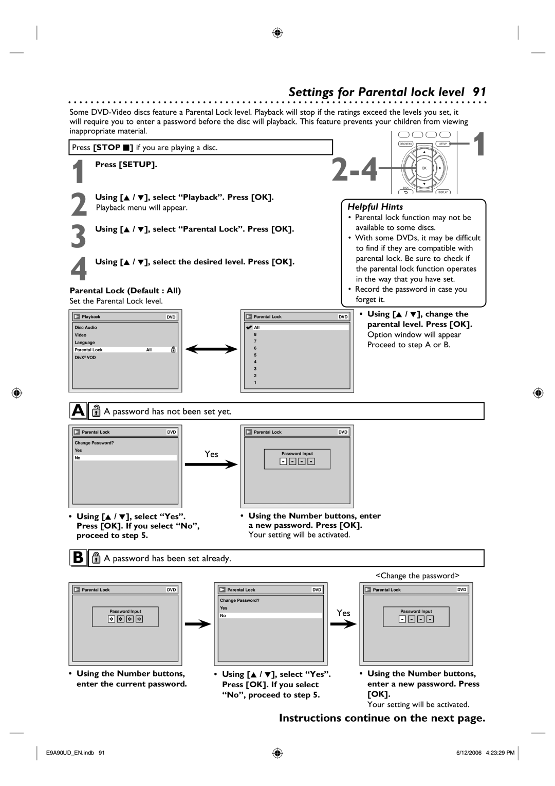 Philips DVDR3435V/37 user manual Settings for Parental lock level, Using K / L, select Parental Lock. Press OK 