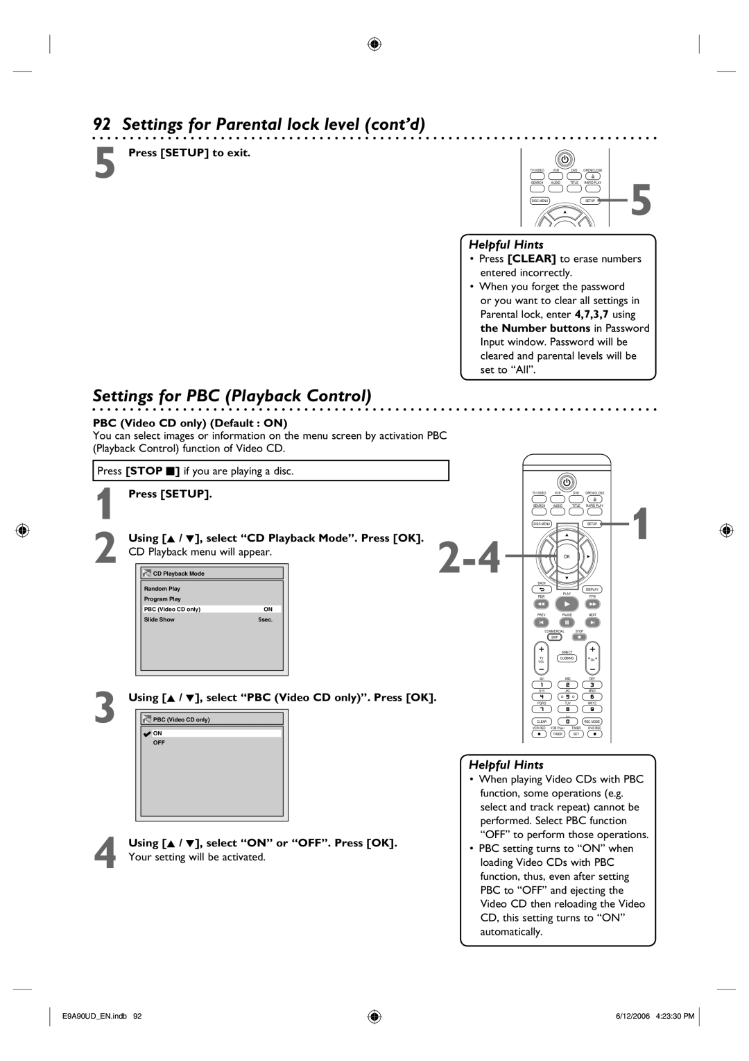 Philips DVDR3435V/37 user manual Settings for Parental lock level cont’d, Settings for PBC Playback Control 