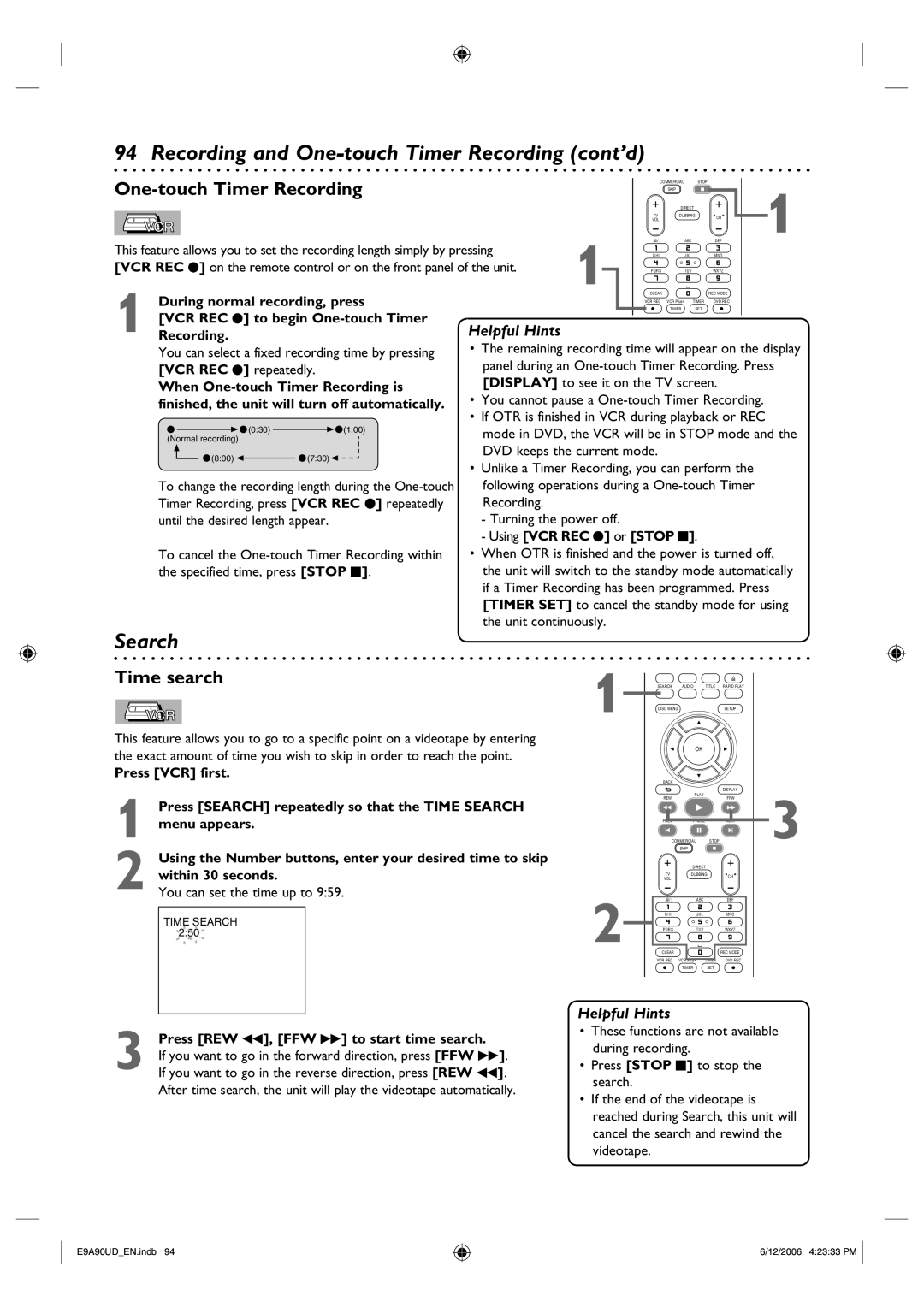 Philips DVDR3435V/37 user manual Recording and One-touch Timer Recording cont’d 