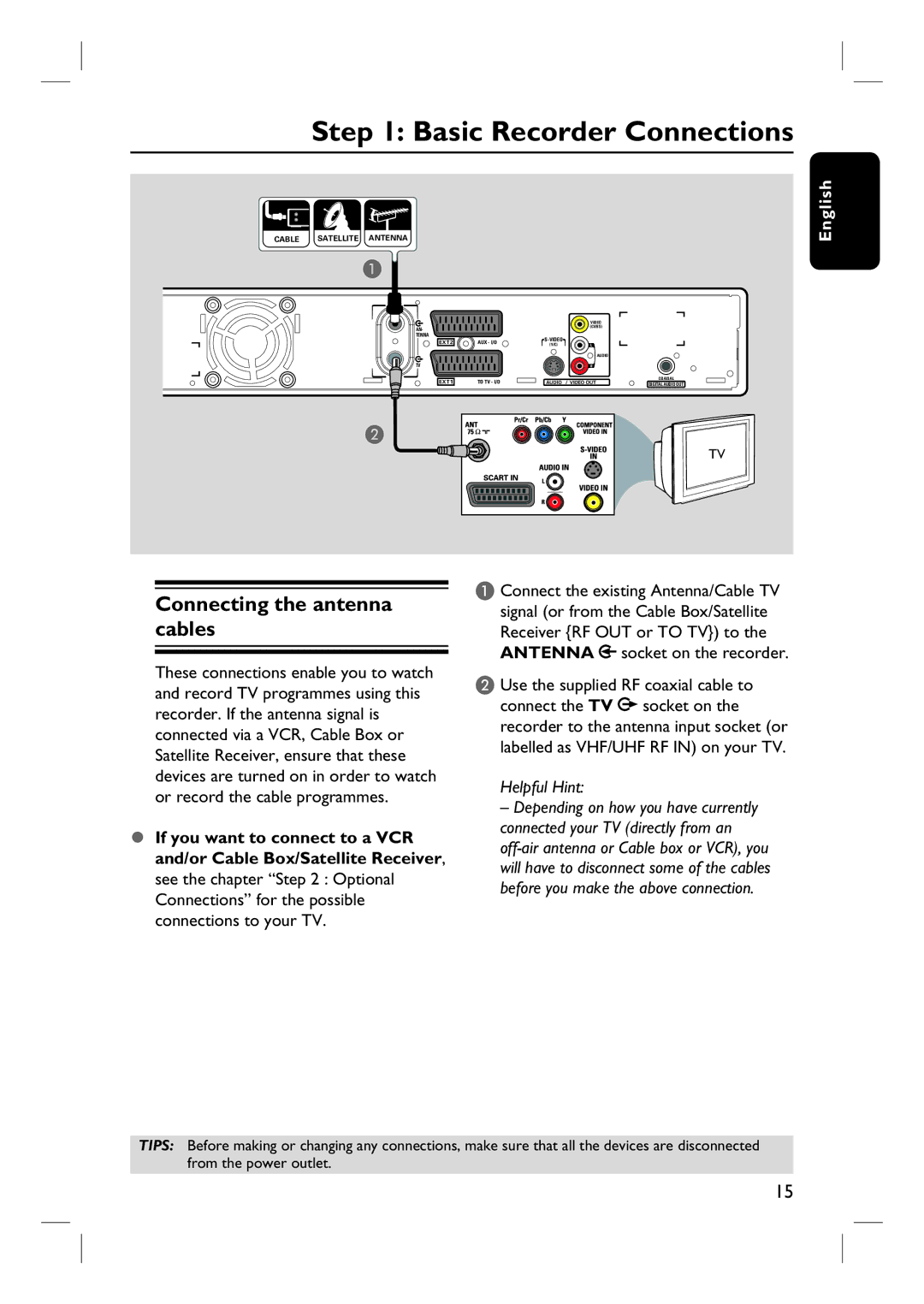 Philips DVDR3440H user manual Basic Recorder Connections, Connecting the antenna cables 