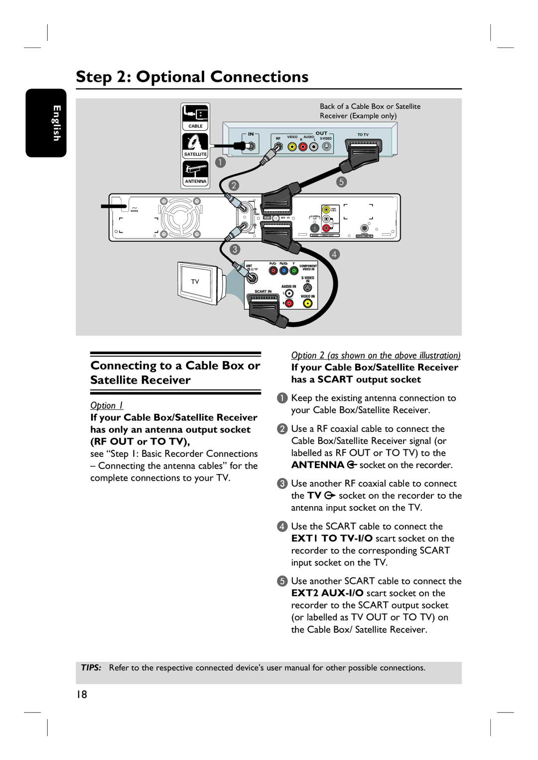 Philips DVDR3440H user manual Optional Connections, Connecting to a Cable Box or Satellite Receiver 