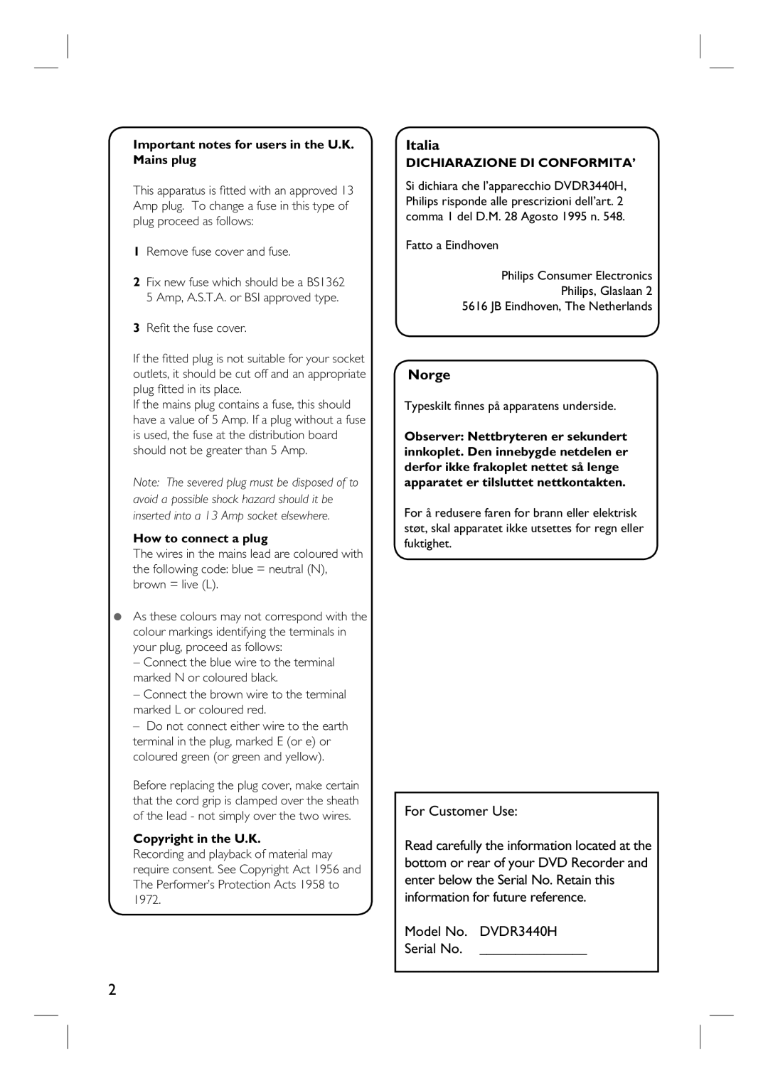 Philips user manual Italia, Norge, For Customer Use, Model No. DVDR3440H Serial No 