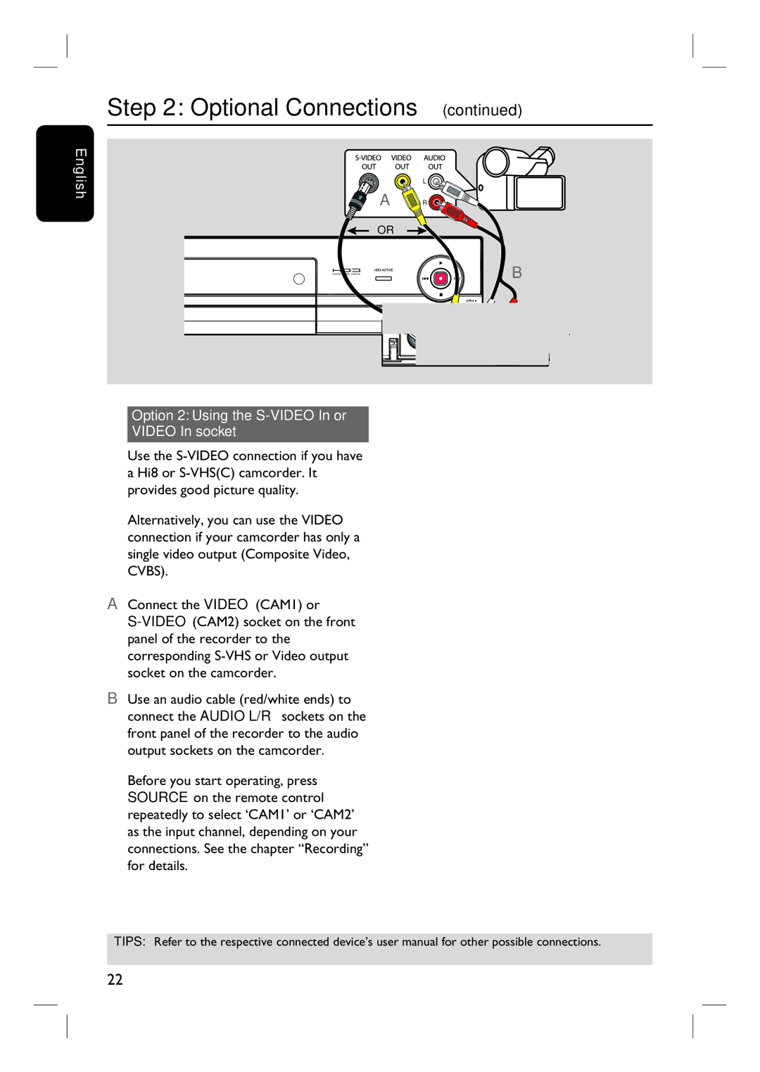 Philips DVDR3440H user manual Option 2 Using the S-VIDEO In or Video In socket 