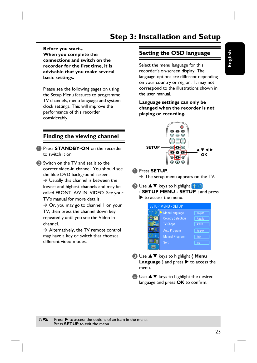 Philips DVDR3440H user manual Installation and Setup, Setting the OSD language, Finding the viewing channel 