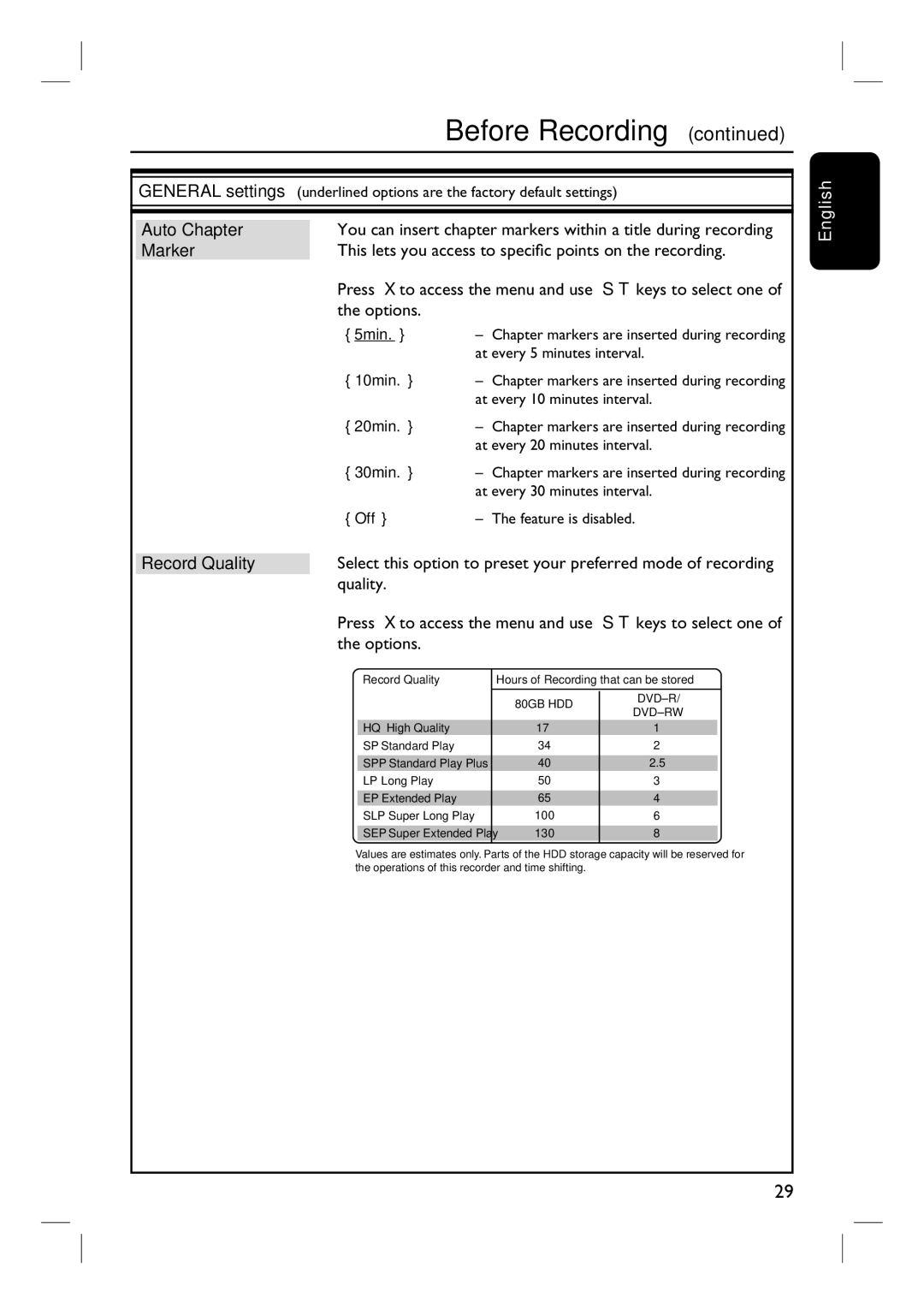 Philips DVDR3440H Auto Chapter, Marker, This lets you access to specific points on the recording, Options, Record Quality 