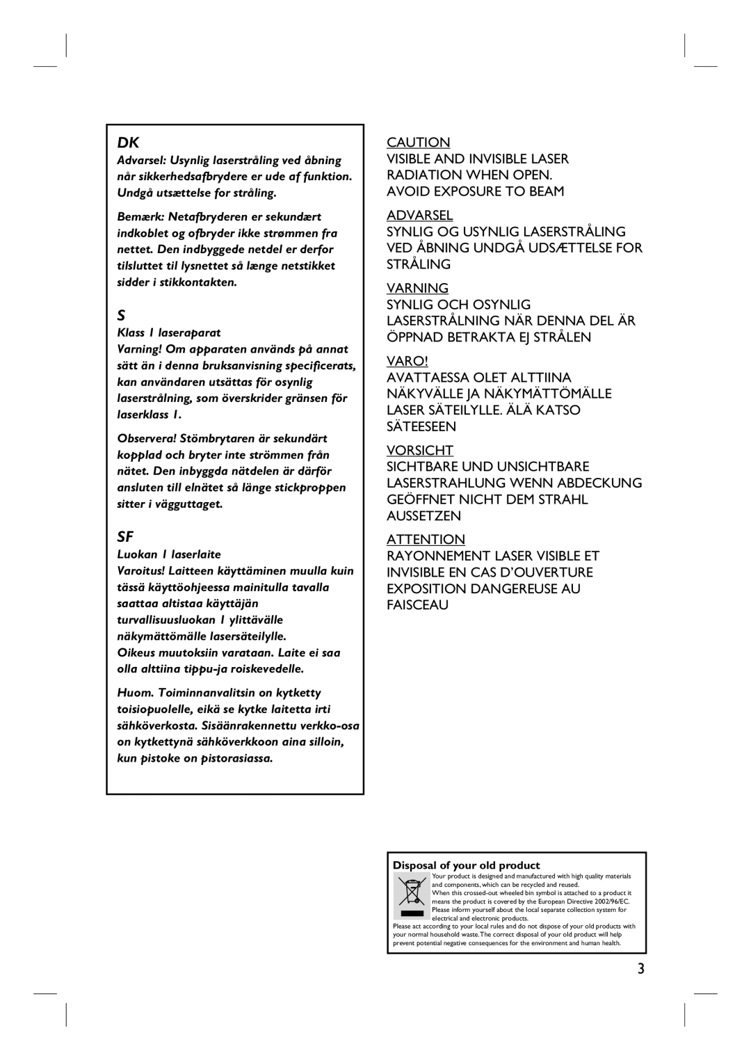 Philips DVDR3440H user manual Klass 1 laseraparat 