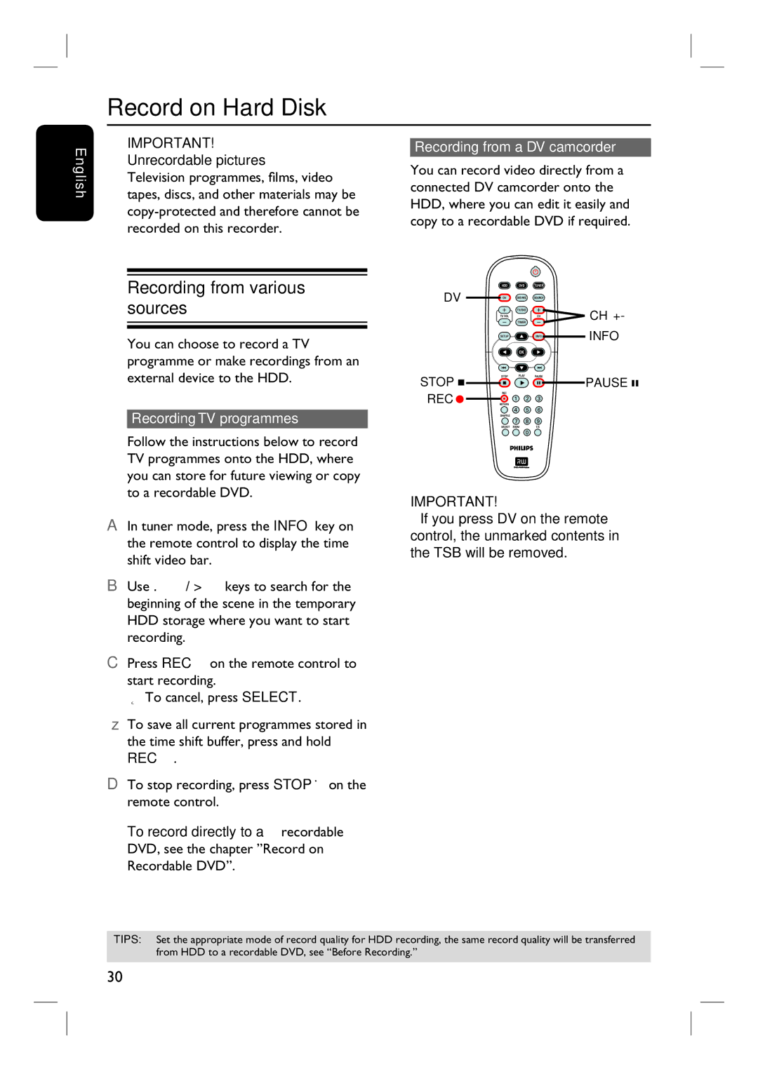 Philips DVDR3440H user manual Record on Hard Disk, Recording from various sources, Recording TV programmes 