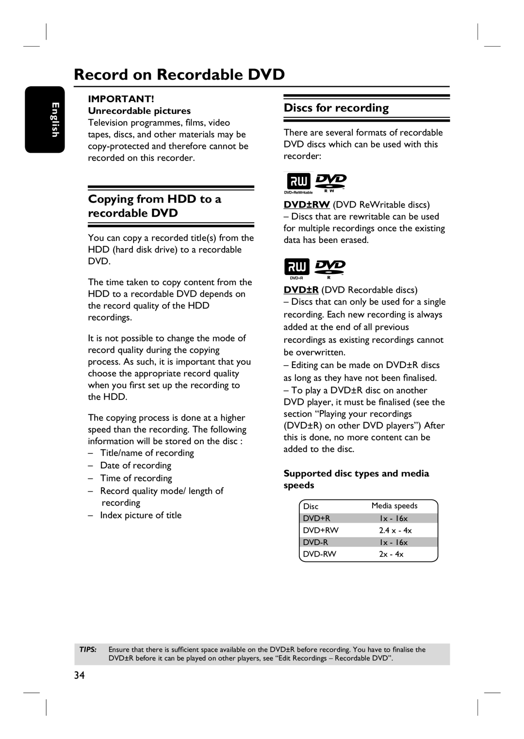 Philips DVDR3440H user manual Record on Recordable DVD, Copying from HDD to a recordable DVD, Discs for recording 