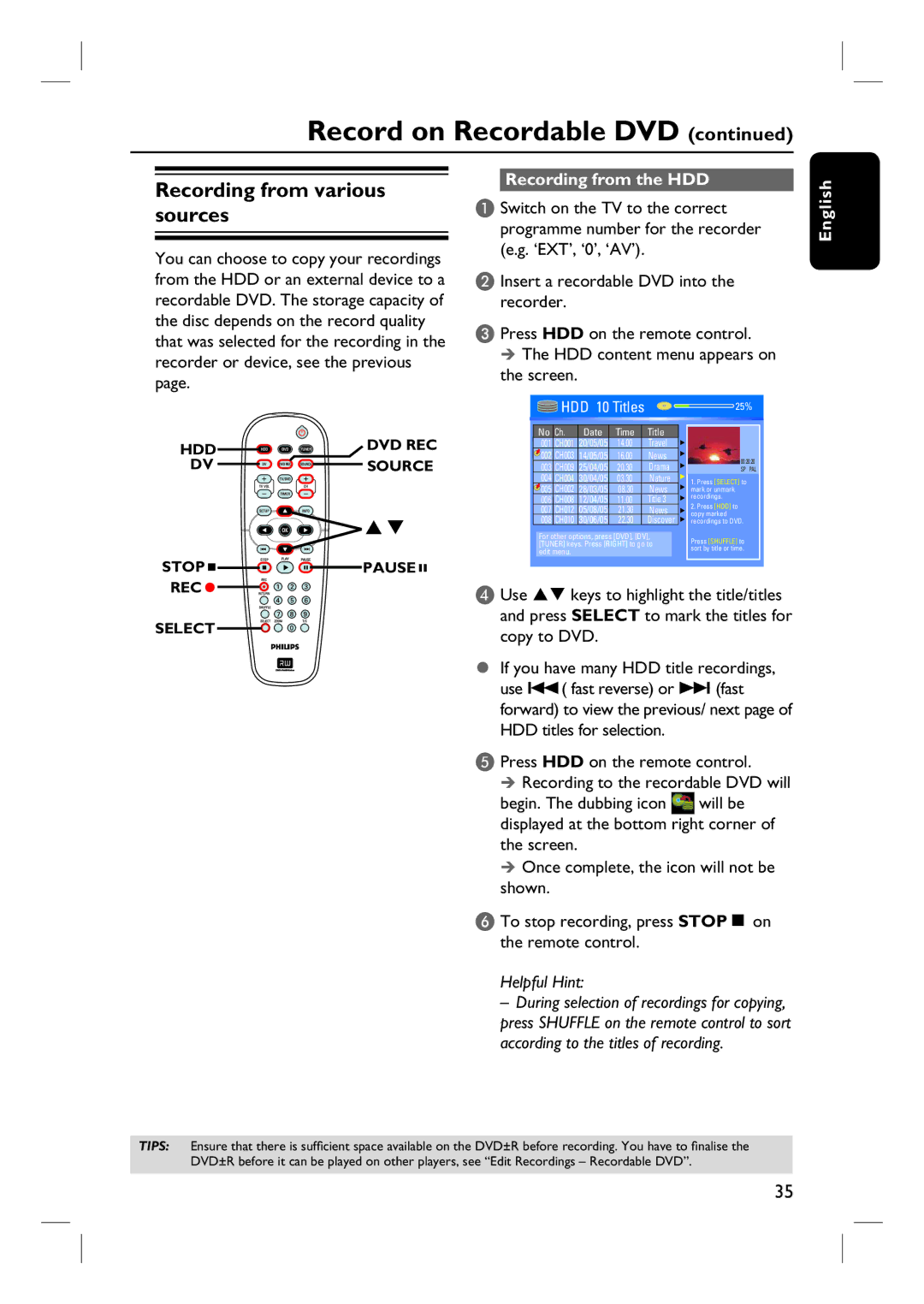 Philips DVDR3440H user manual Recording from the HDD, Screen 