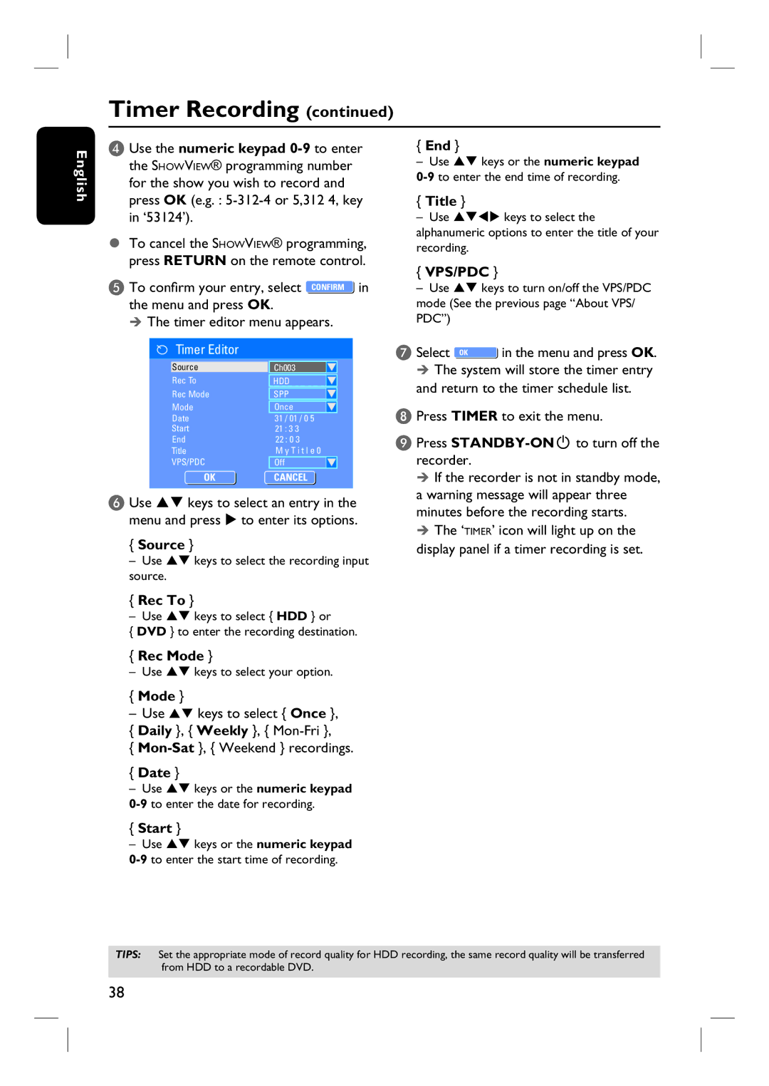 Philips DVDR3440H user manual End, Title, Rec To, Rec Mode, Date, Start 