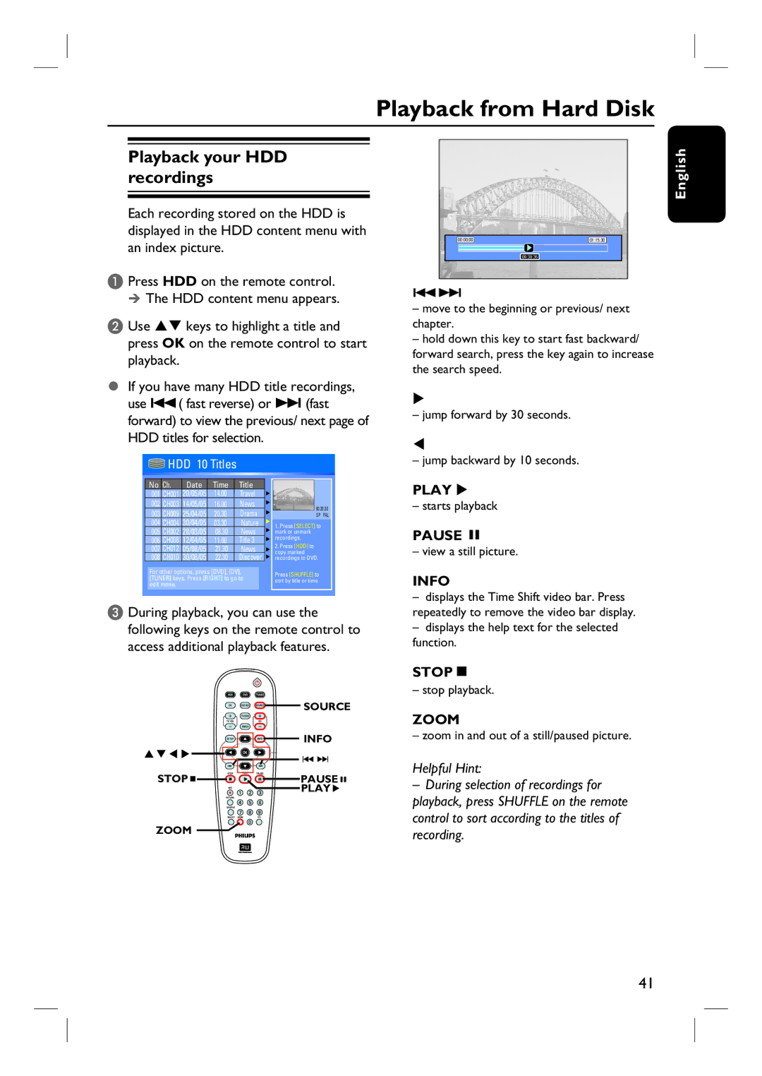 Philips DVDR3440H user manual Playback from Hard Disk, Playback your HDD recordings 