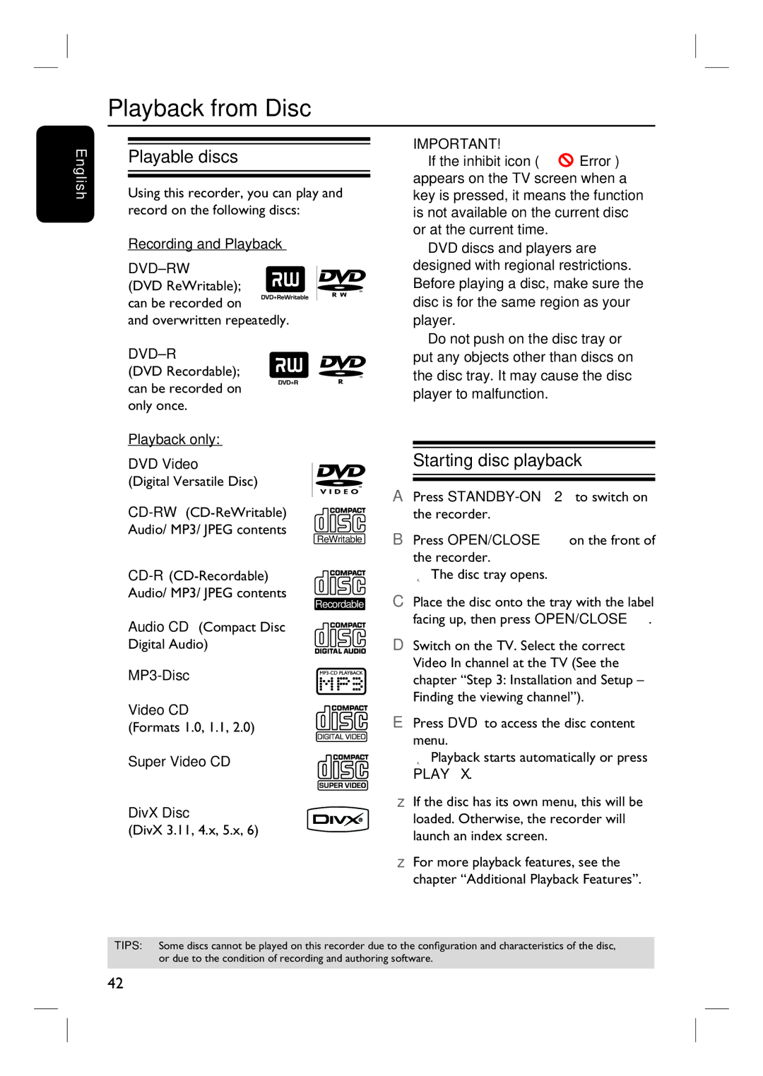 Philips DVDR3440H user manual Playback from Disc, Playable discs, Starting disc playback 