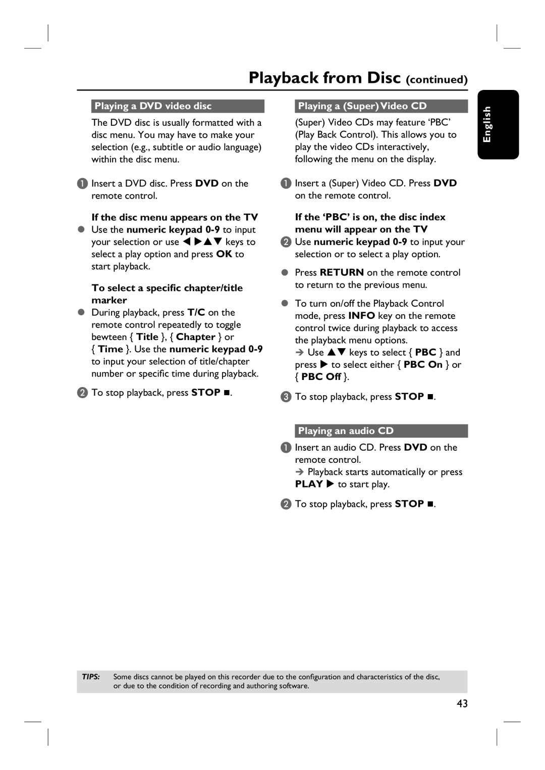 Philips DVDR3440H Playing a DVD video disc Playing a Super Video CD, To select a specific chapter/title marker, PBC Off 