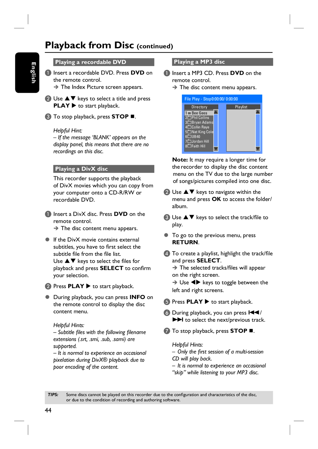 Philips DVDR3440H user manual English Playing a recordable DVD, Playing a DivX disc, Playing a MP3 disc 