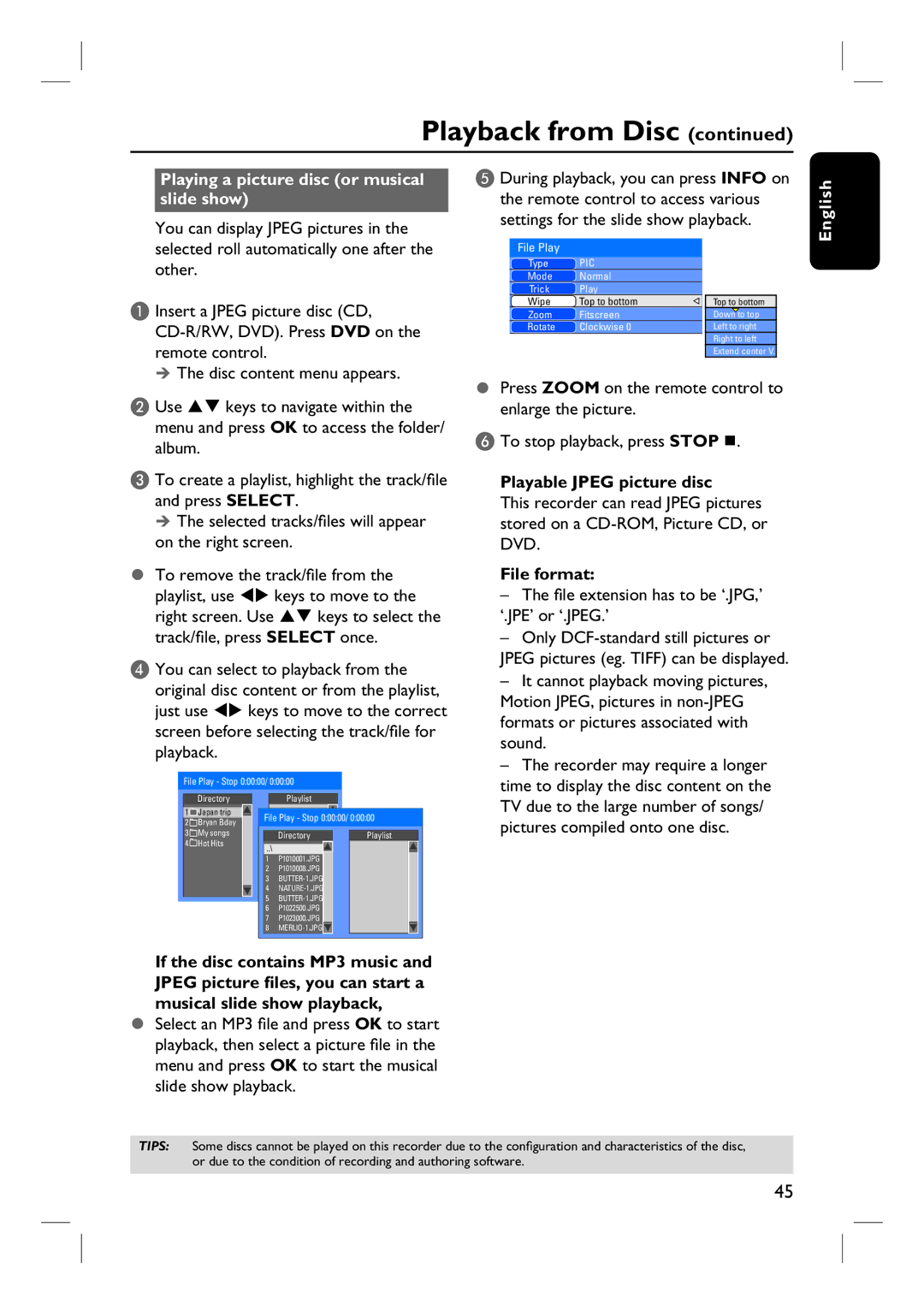 Philips DVDR3440H user manual Playing a picture disc or musical slide show, Playable Jpeg picture disc, File format 