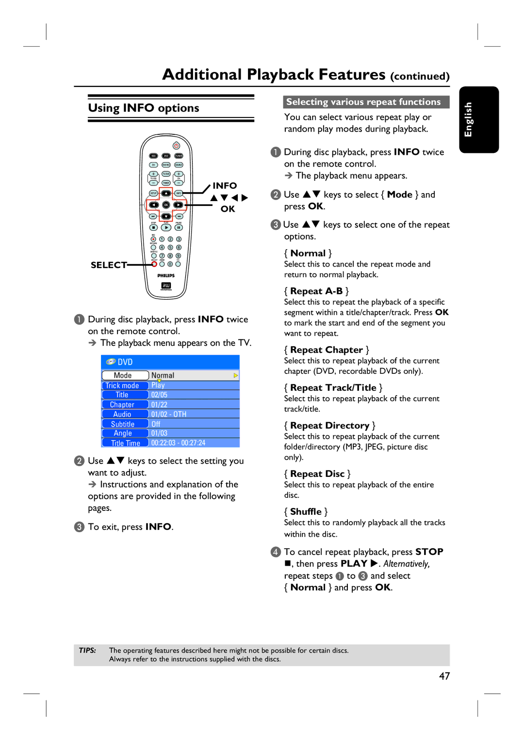 Philips DVDR3440H user manual Using Info options, Selecting various repeat functions 