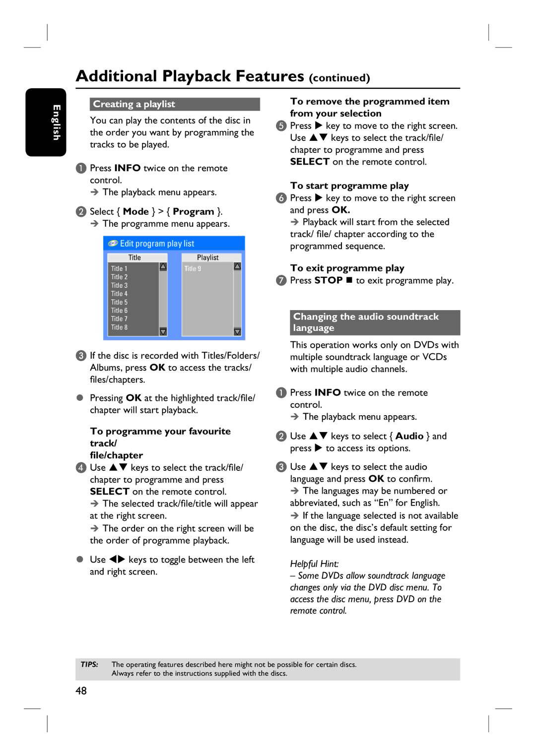 Philips DVDR3440H user manual English Creating a playlist, Changing the audio soundtrack language 