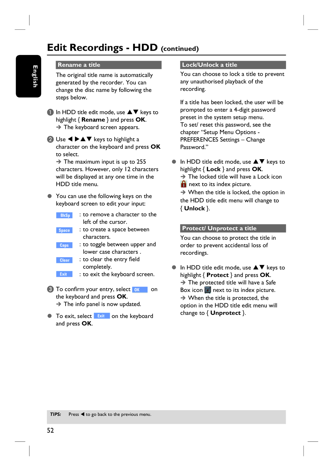 Philips DVDR3440H user manual Rename a title Lock/Unlock a title English, Protect/ Unprotect a title 