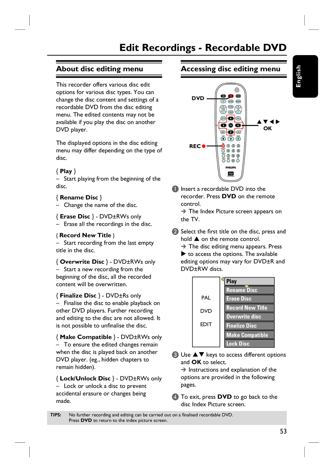 Philips DVDR3440H user manual Edit Recordings Recordable DVD, About disc editing menu Accessing disc editing menu 