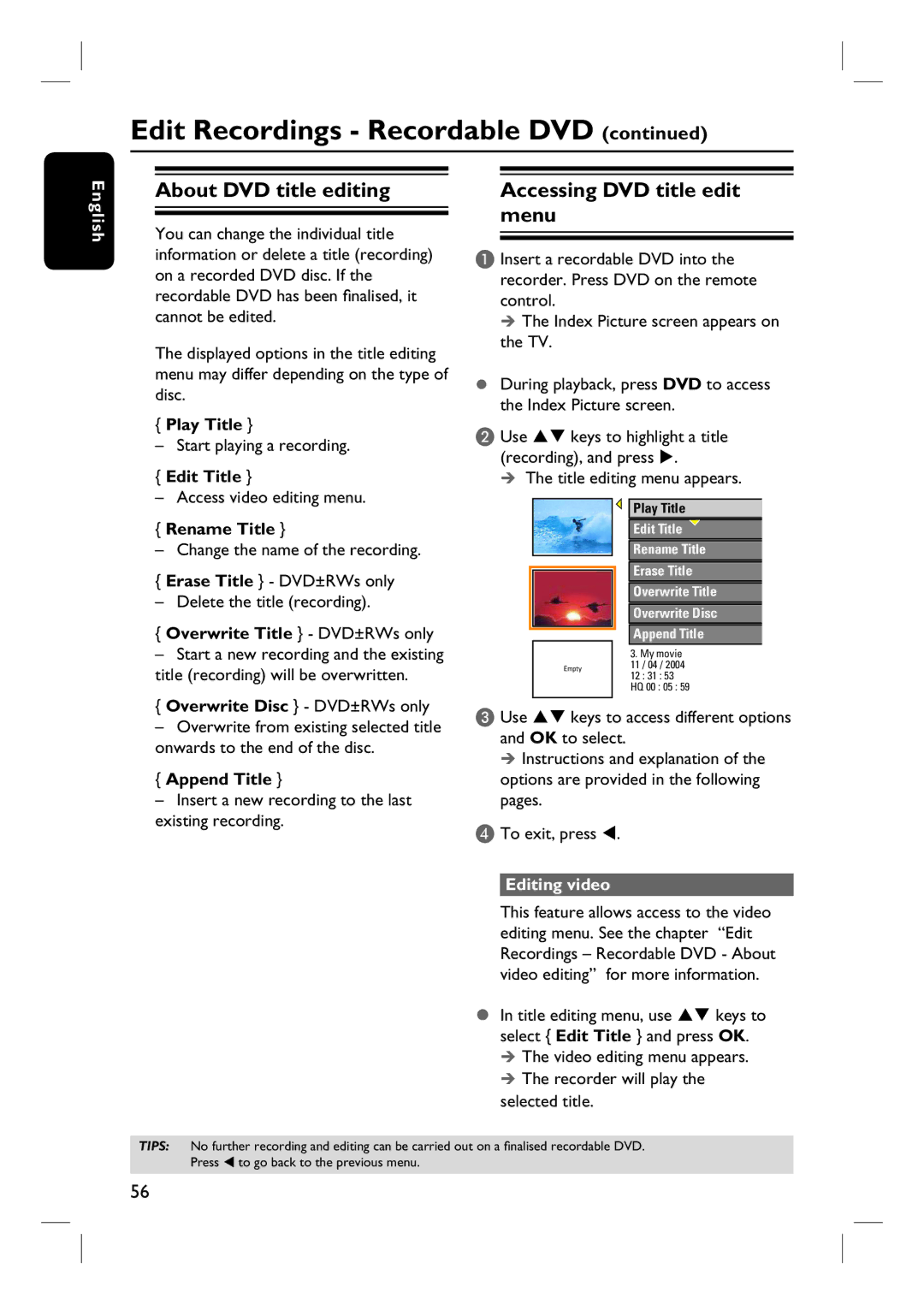 Philips DVDR3440H user manual About DVD title editing, Menu, Editing video 