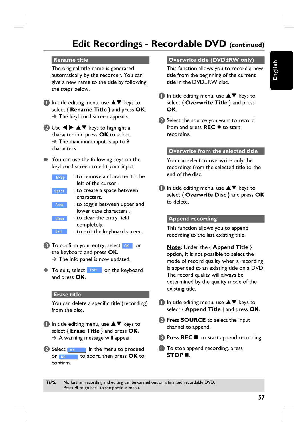 Philips DVDR3440H user manual Rename title Overwrite title DVD±RW only, Erase title, Overwrite from the selected title 