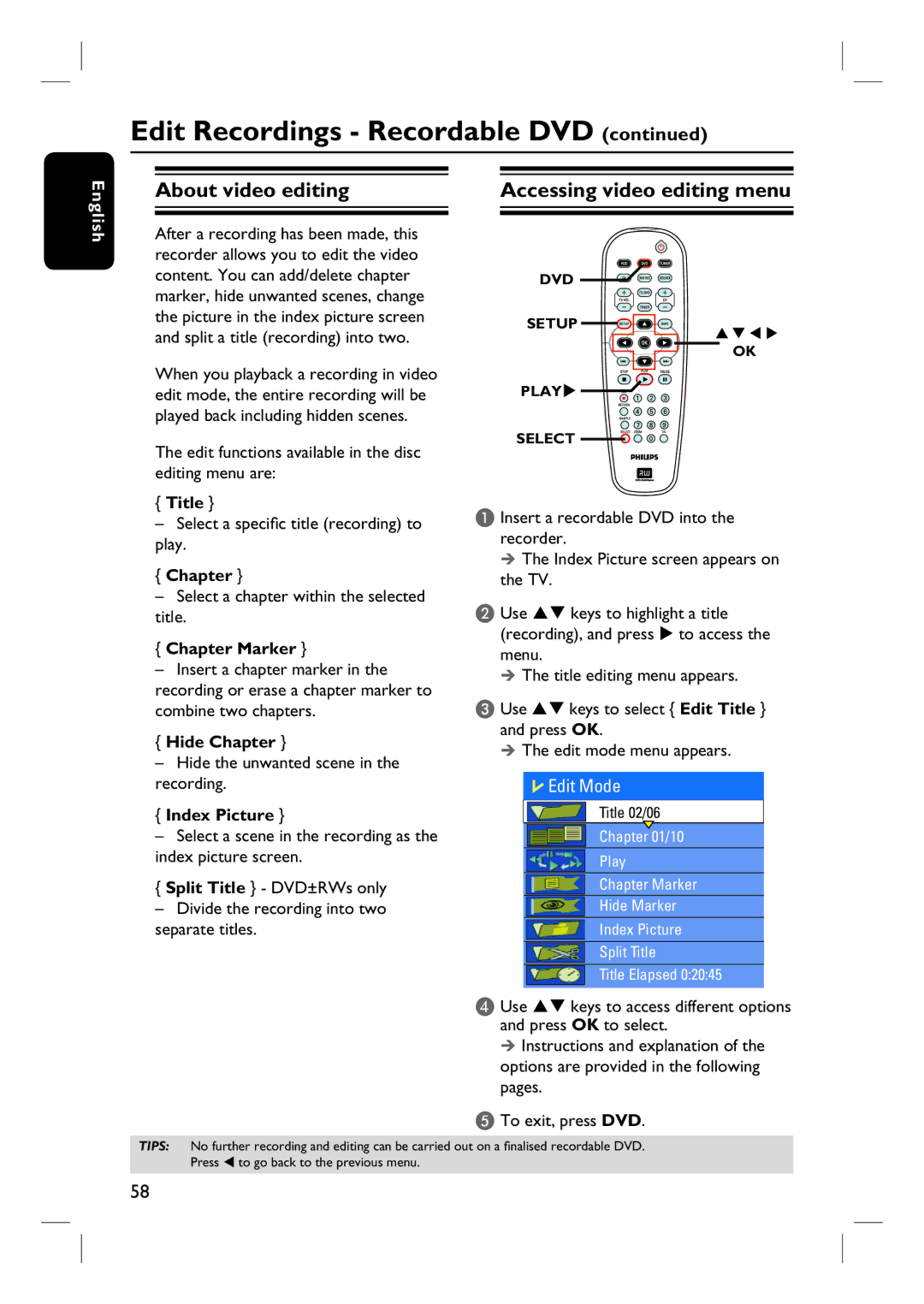 Philips DVDR3440H user manual About video editing, Accessing video editing menu 