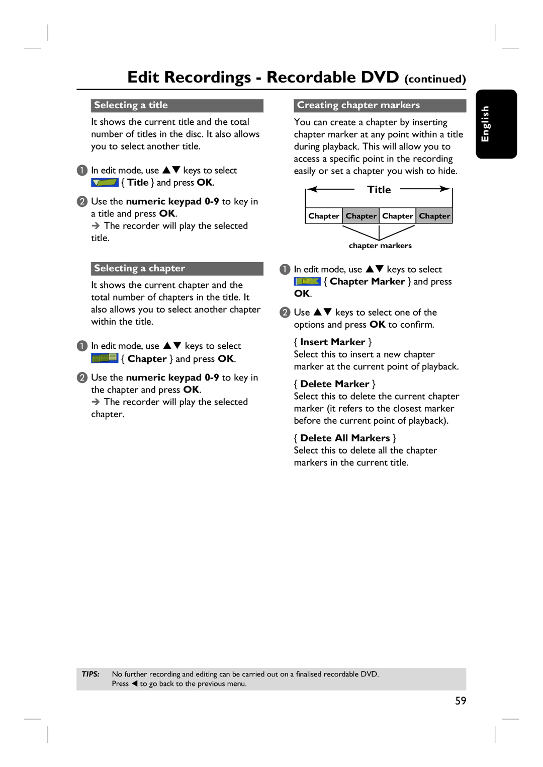 Philips DVDR3440H user manual Selecting a title, Selecting a chapter, Creating chapter markers 