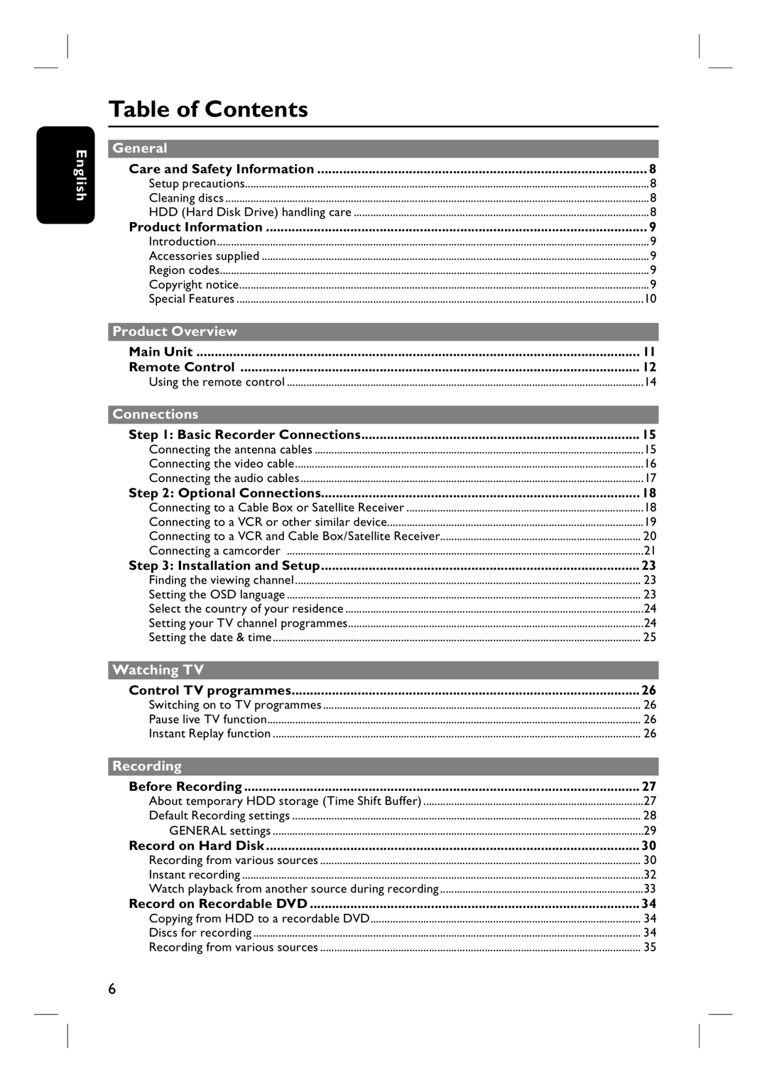 Philips DVDR3440H user manual Table of Contents 