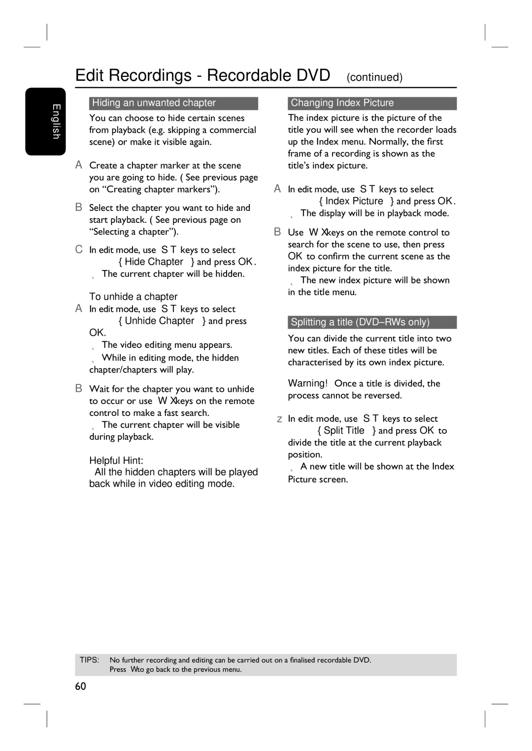 Philips DVDR3440H user manual English Hiding an unwanted chapter, To unhide a chapter, Unhide Chapter and press 