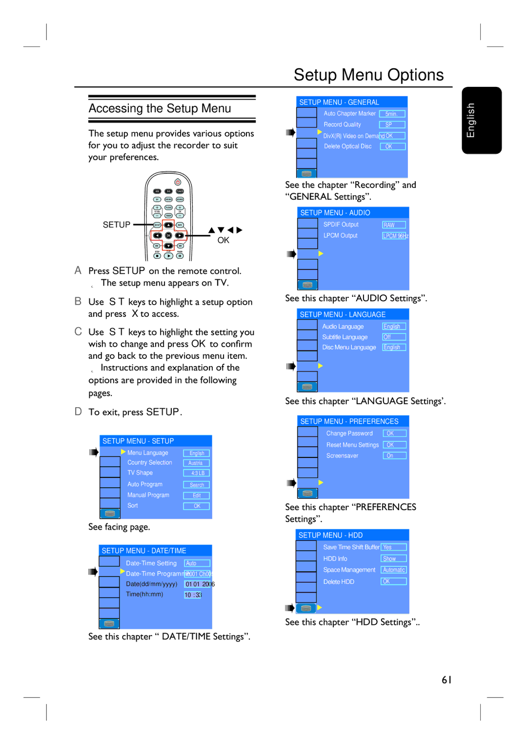 Philips DVDR3440H user manual Setup Menu Options, Accessing the Setup Menu 