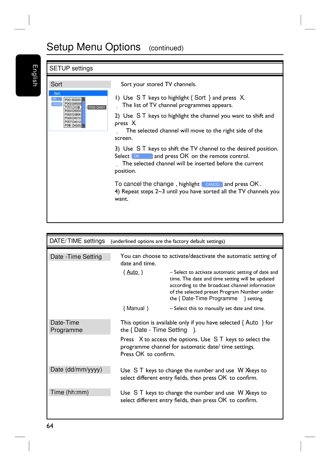 Philips DVDR3440H user manual Setup settings Sort, Sort your stored TV channels, Date -Time Setting, Date and time 